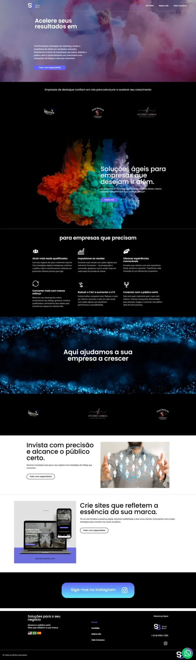 Página inicial do site da agência digital Shark Boss