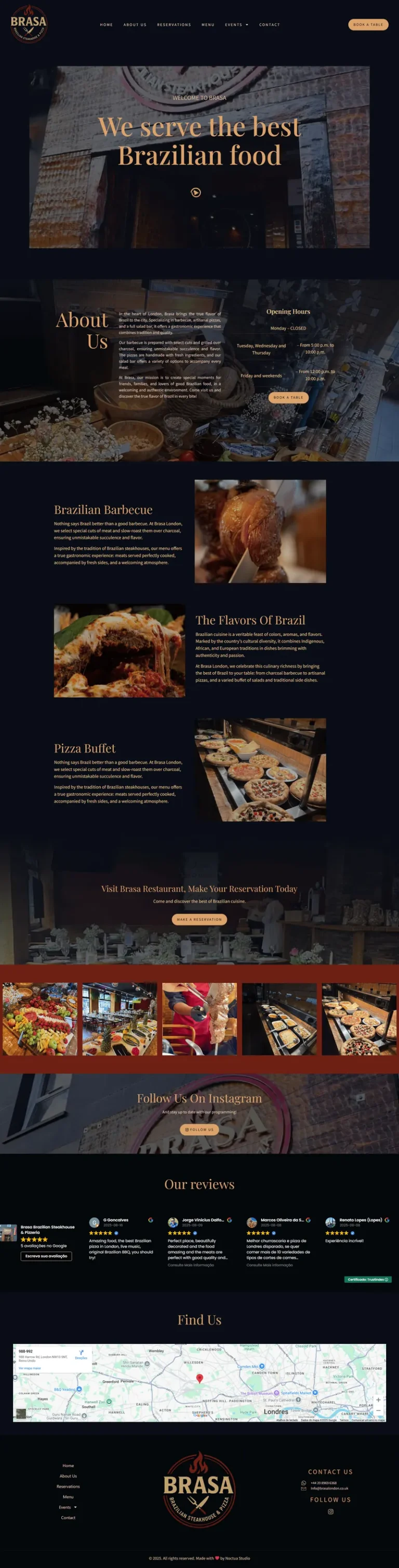 Página inicial do site do restaurante brasileiro Brasa Steakhouse, em Londres